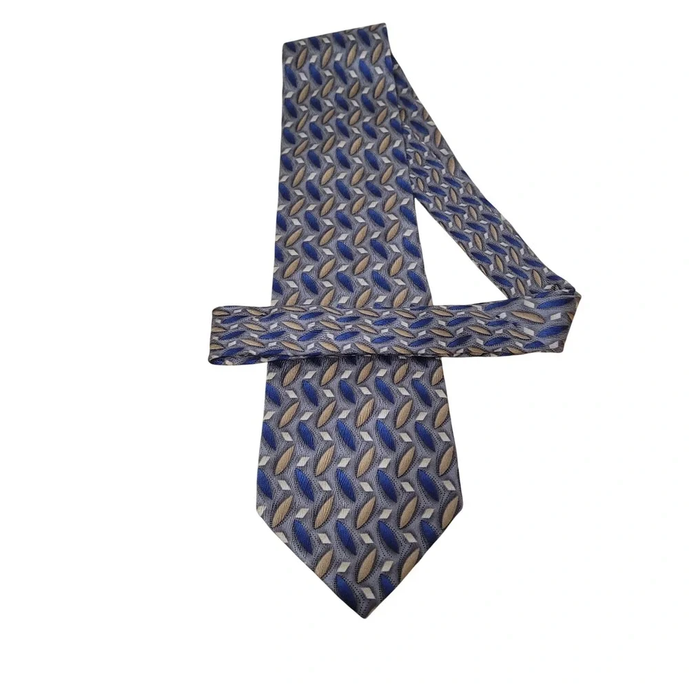 J.Z. Richards Men Silk Necktie Blue Gold Grey Geometric Diamond Pattern USA Made